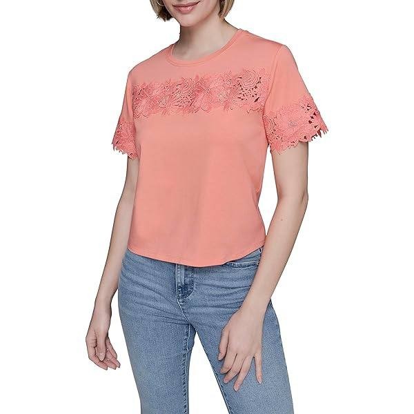 Karl Lagerfeld Lace‑Trim Knit Top Orange Size XL NWT $109