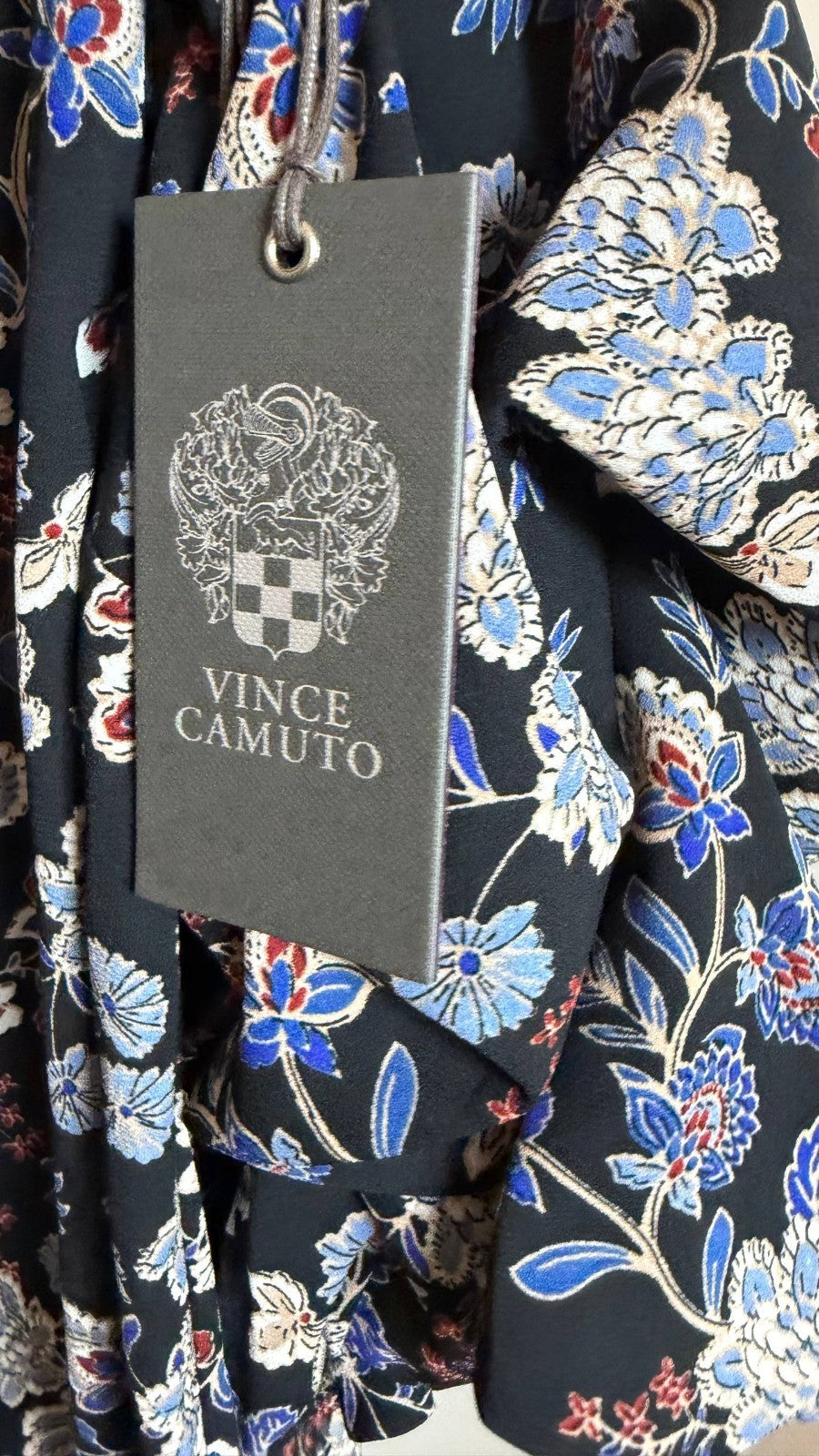 Vince Camuto Printed V‑Neck Bubble Sleeve Top French Blue $99 NWT