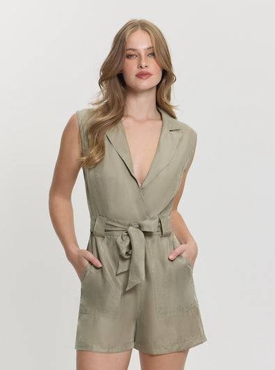Guess Amia Cupro Blend Romper Moss Khaki Size M NWT Chic Modern msrp$148