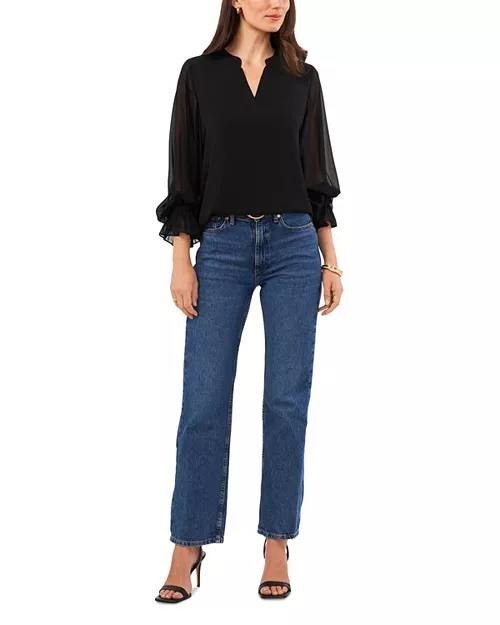 Vince Camuto V-Neck Sheer Sleeve Top Size S Black $79