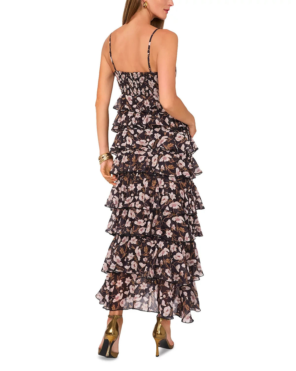 1.STATE Printed V-Neck Tiered Maxi Dress – Black Floral, Size M