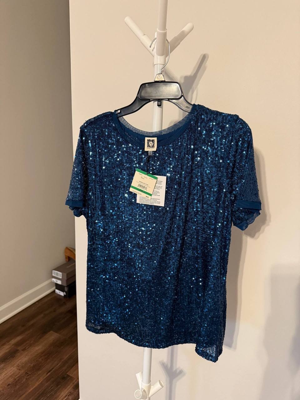 Anne Klein Sequin Mesh T‑Shirt – Baltic Teal – Size L – NWT – $89