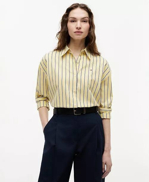 Tommy Hilfiger Boxy Cotton Shirt Licorice Stripe Citronella 38 NWOT $79.50