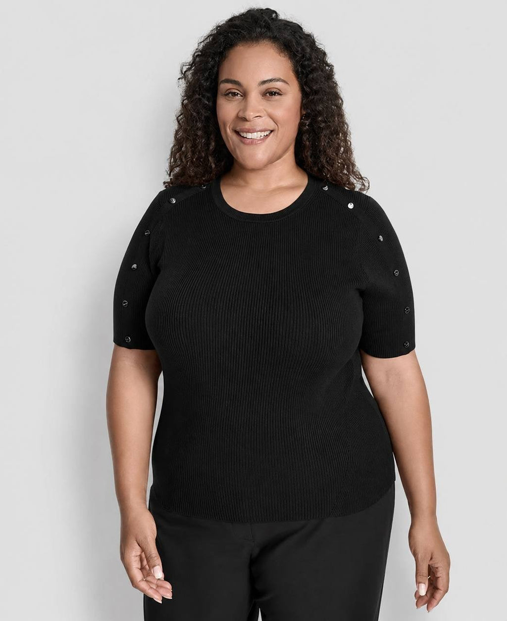 DKNY Plus Size Short-Sleeve Button-Detail Sweater Black 1X NWT $79