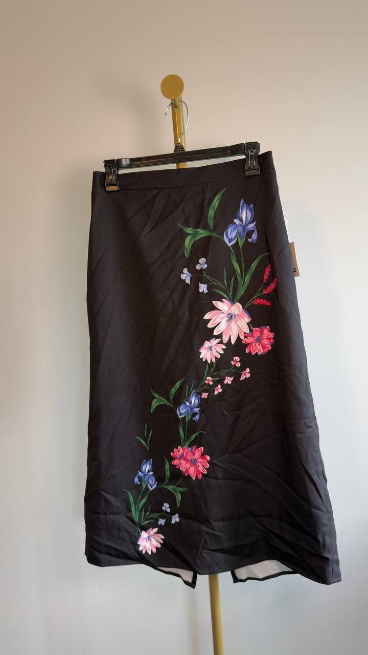 CeCe Floral Print Pull‑On Midi Skirt S Reach Black NWT $99