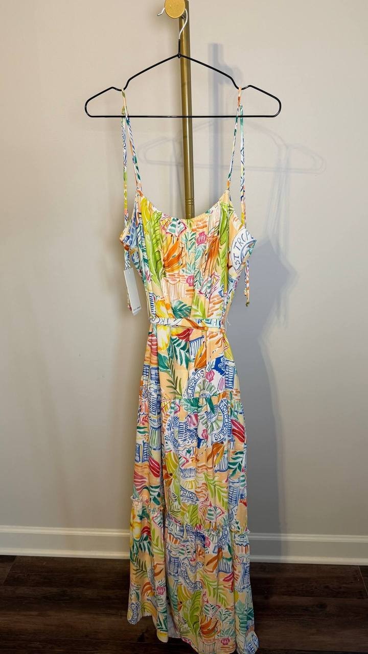 Julia Jordan Straight‑Neck Sleeveless Printed Dress Ivory Multi L NWT $129