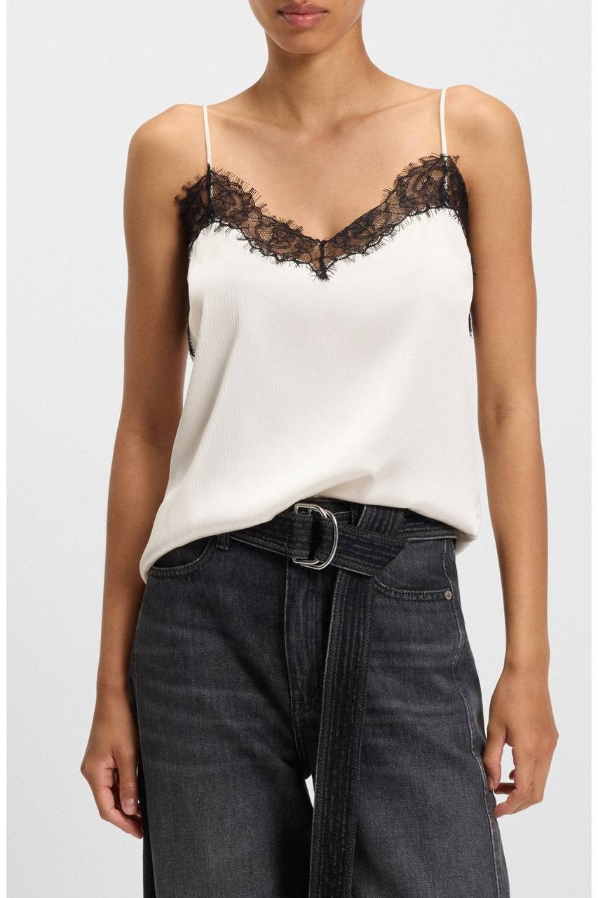 BOSS Ilessy Eyelash Lace Satin Camisole Open White 4 NWT $89