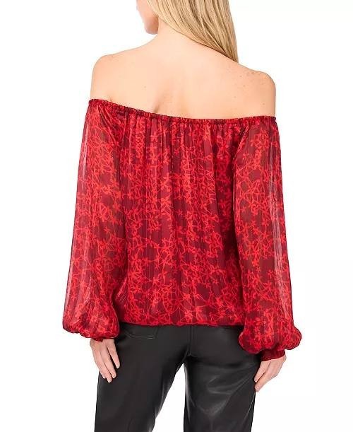 Vince Camuto Women’s Off‑Shoulder Long‑Sleeve Tie‑Hem Top Red Print $79 NWT