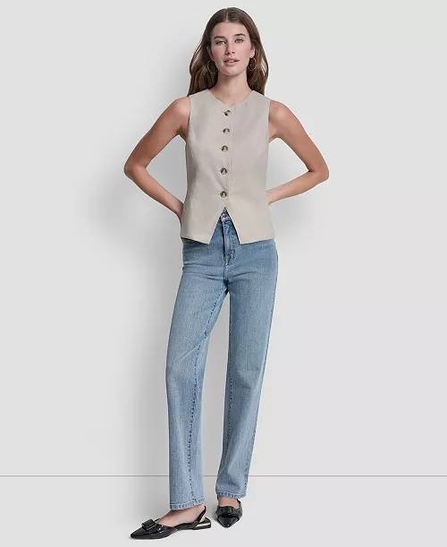 DKNY Jeans Linen‑Blend Crewneck Button‑Front Vest Pebble S NWOT $79