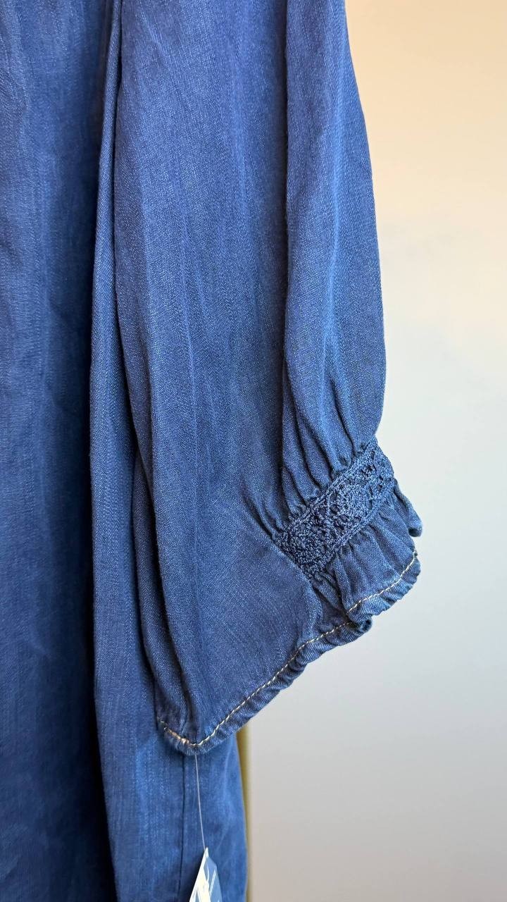 Democracy Crochet Trim Ruffle Button‑Front Shirt Navy M NWT $84