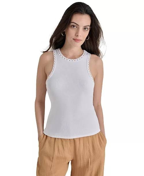 DKNY Crewneck Stud Trim Rib Knit Tank Top Black XL Pre-Owned