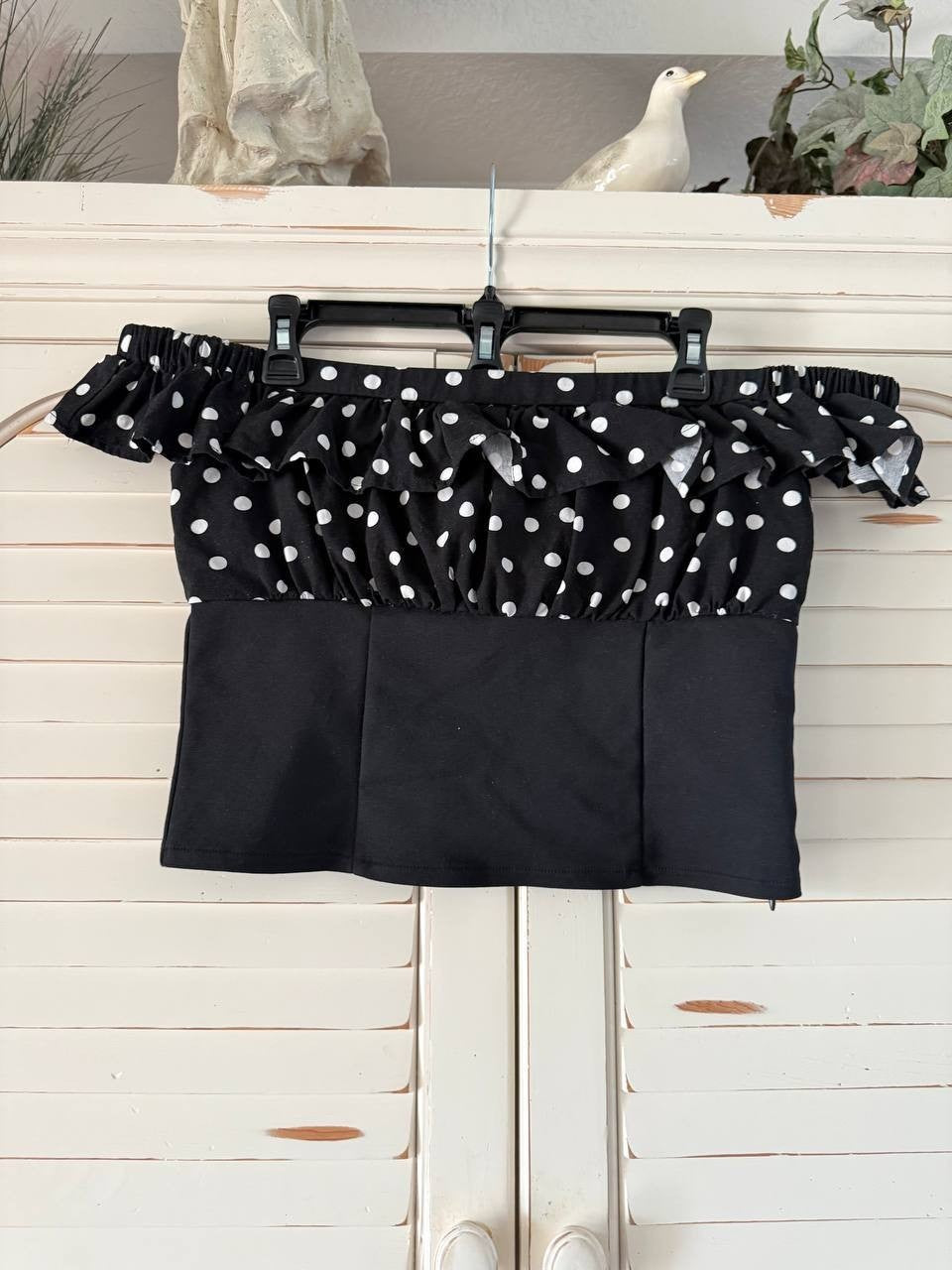 FORE Polka Dot Off-Shoulder Top for Women, Black, Size L, NWT, Ruffle Trim