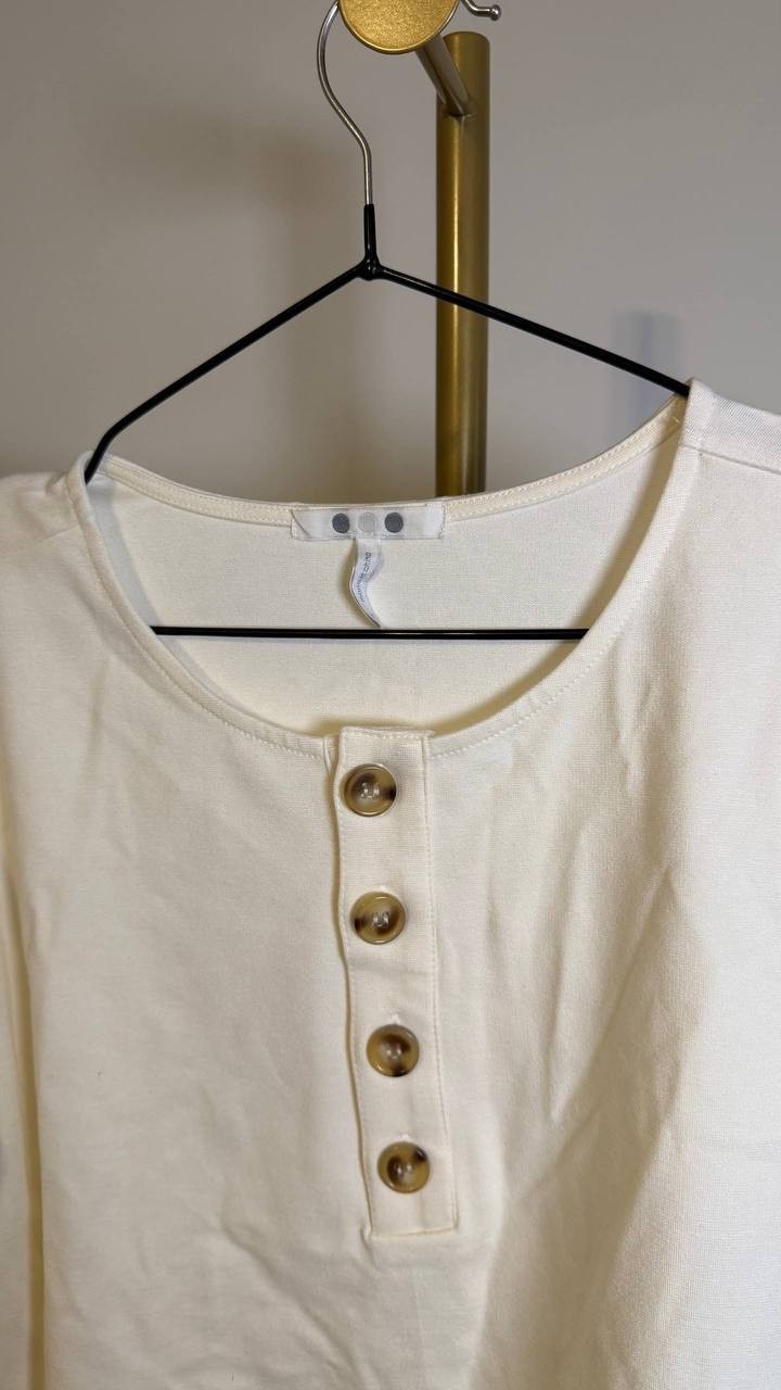 Three Dots Scalloped Bell Sleeve Henley Top White M $78 NWT