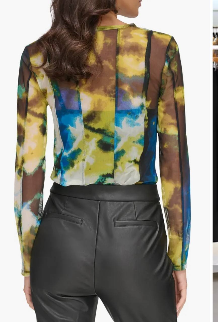 DKNY Tie-Dye Mesh Top – Size XS – NWT – Floral Multi Long Sleeve Crewneck Sheer