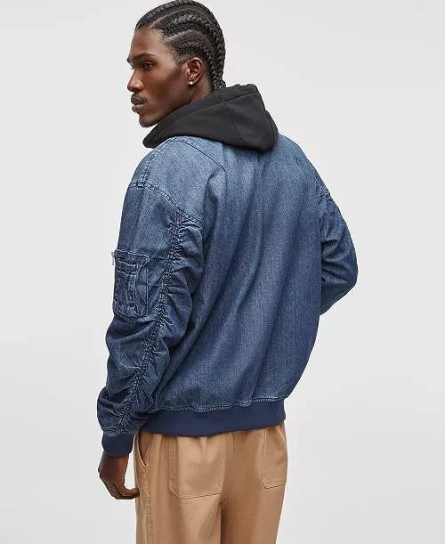 Mode of One Men’s Costas Zip‑Front Denim Bomber Jacket Blue L $100 NWT