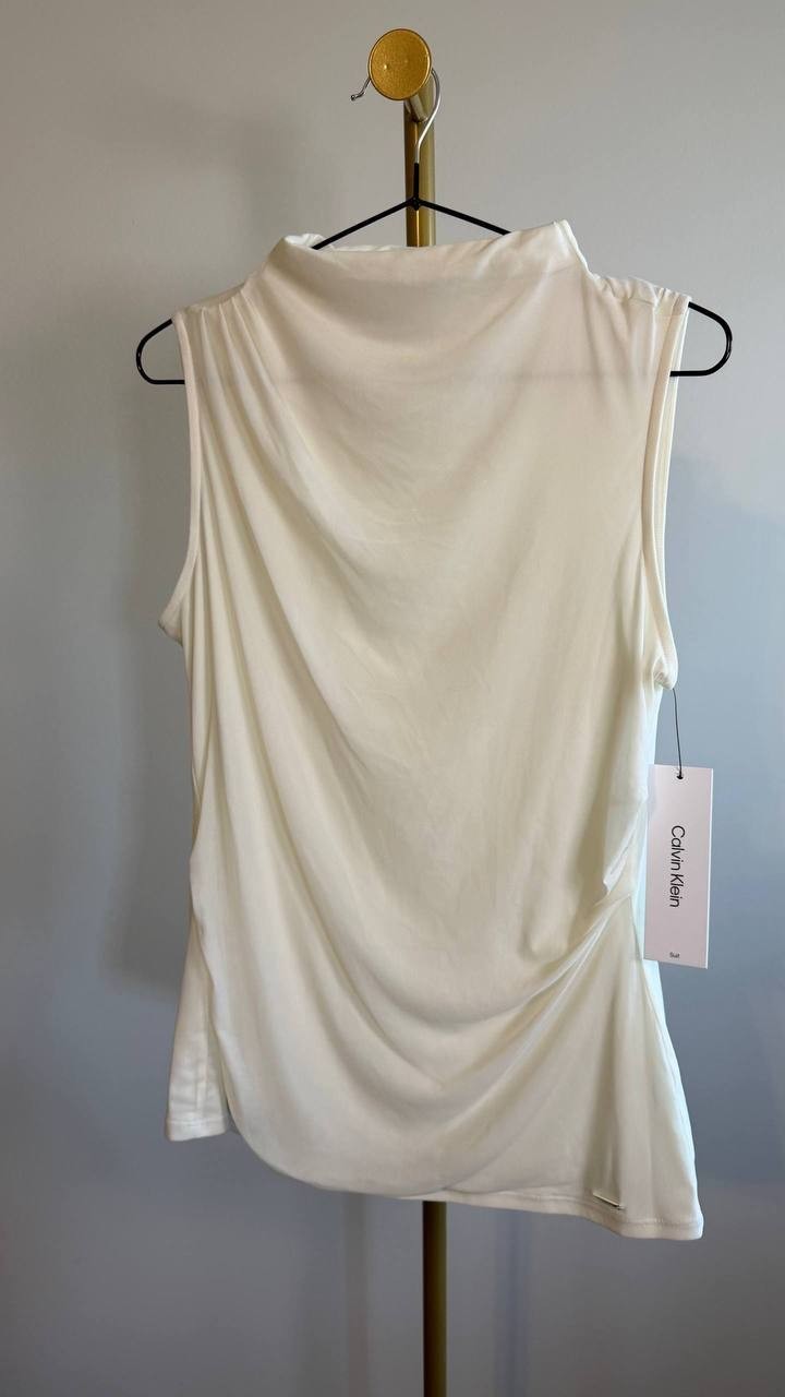 Calvin Klein Women’s Mesh Knit Mock Neck Sleeveless Top Cream XL $59 NWT