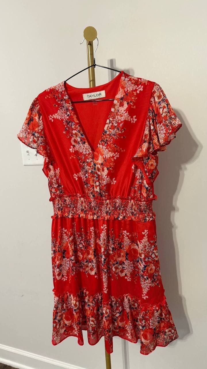 Taylor Printed Flutter-Sleeve Fit Flare Dress Flame Denim 14 Pre-Owned