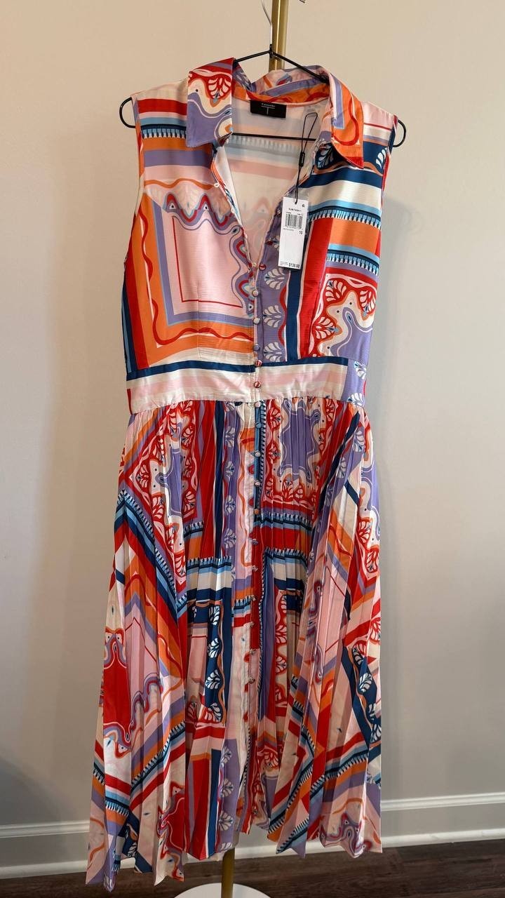 Tahari Women’s Printed Pleated Midi Shirtdress Como Tile Print 10 $138 NWT