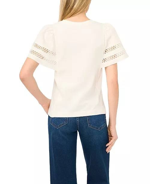CeCe Combo Trim-Sleeve Crew Neck Top New Ivory L NWT $59