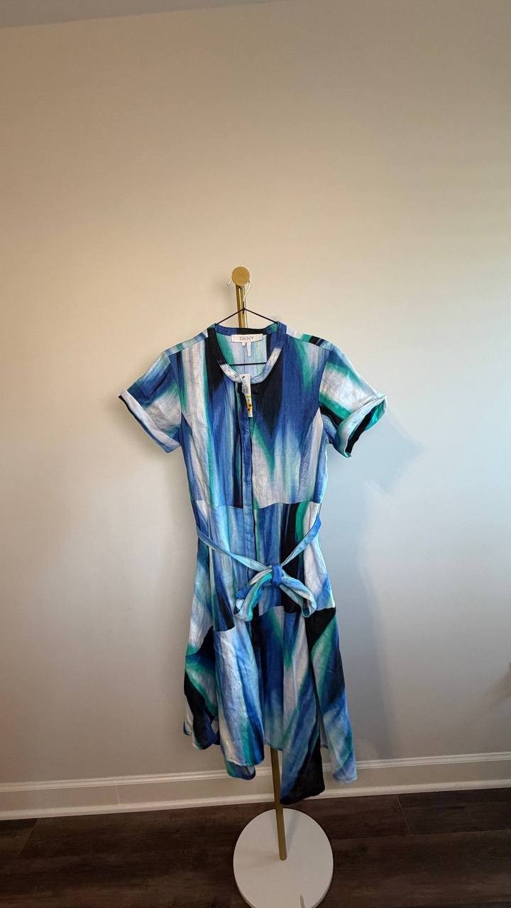 DKNY Brushstroke Printed Asymmetrical Linen Dress Caribbean Multi 4 NWT $159
