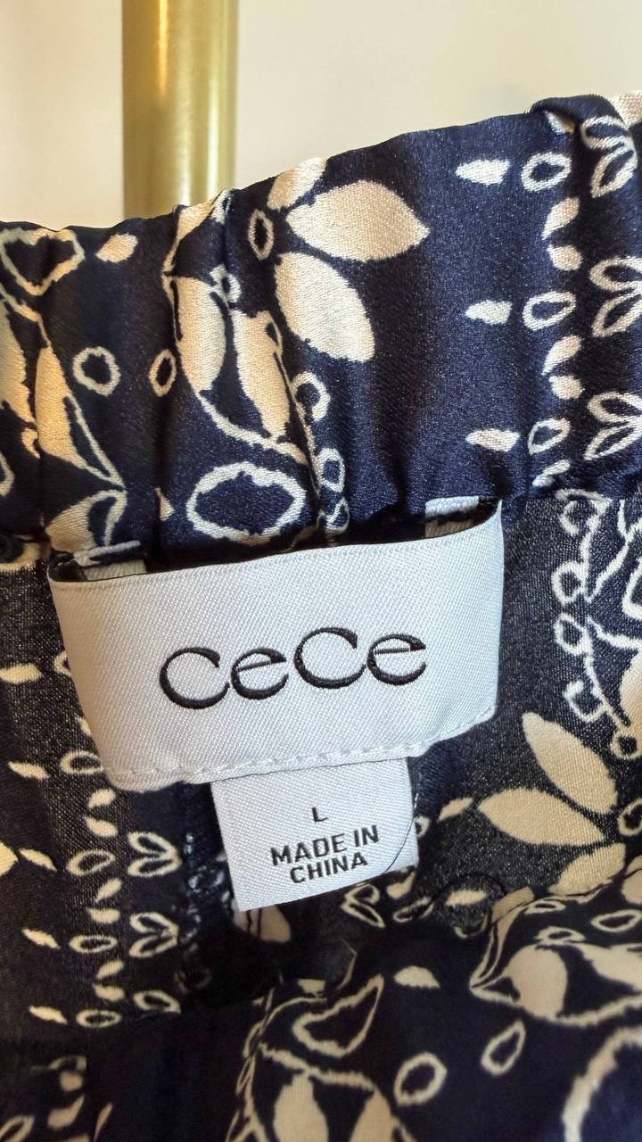 CeCe Black Mixed Print Wide Leg Pants Size L Elastic Waist Travel Casual