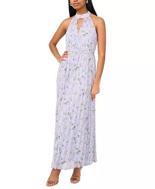CeCe Pleated Floral‑Print Keyhole Dress Periwinkle M NWT $138