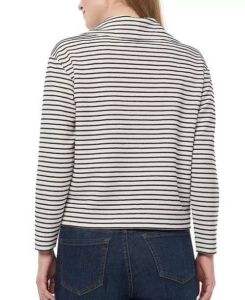 Jones New York Petite Metallic Striped Zip‑Neck Top Black/Silver L NWT $89.50