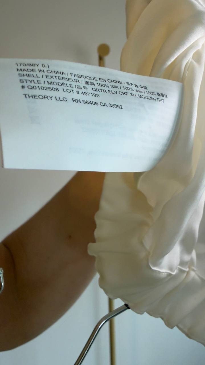 Theory Scrunched‑Sleeve Cropped Silk Button Shirt Ivory L NWT $365