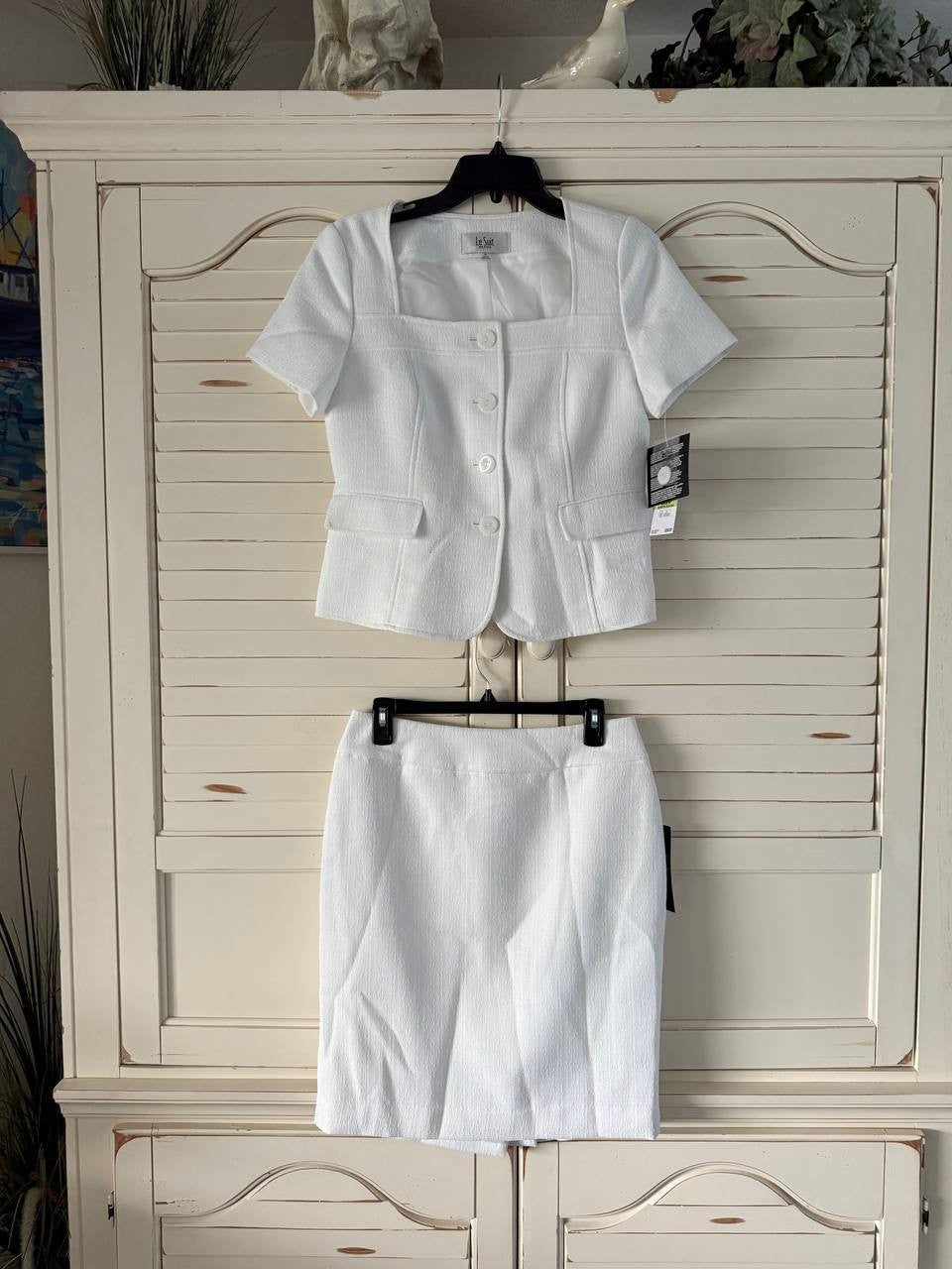 Le Suit Skirt Set 4P Natural White Tweed Square Neck Button Jacket Slim NWT $265