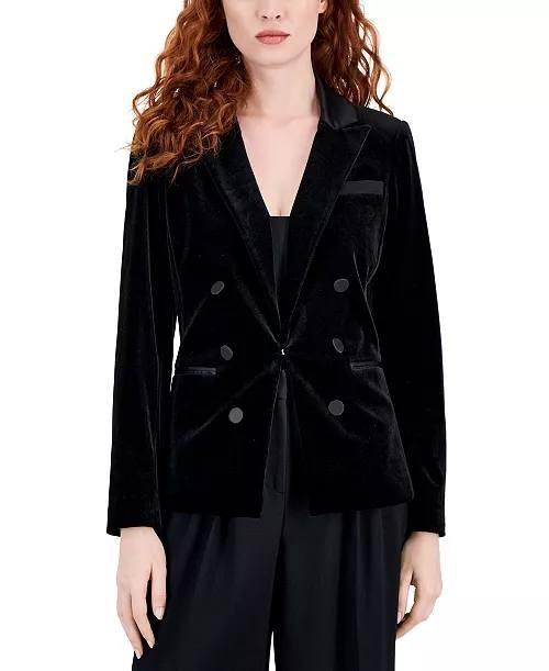 Tahari ASL Velvet Faux-Double-Breasted Blazer – Black, Size 18