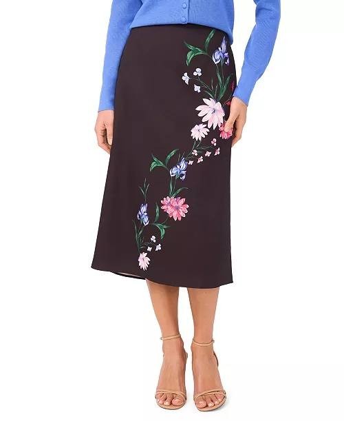 CeCe Floral Print Pull‑On Midi Skirt S Reach Black NWT $99