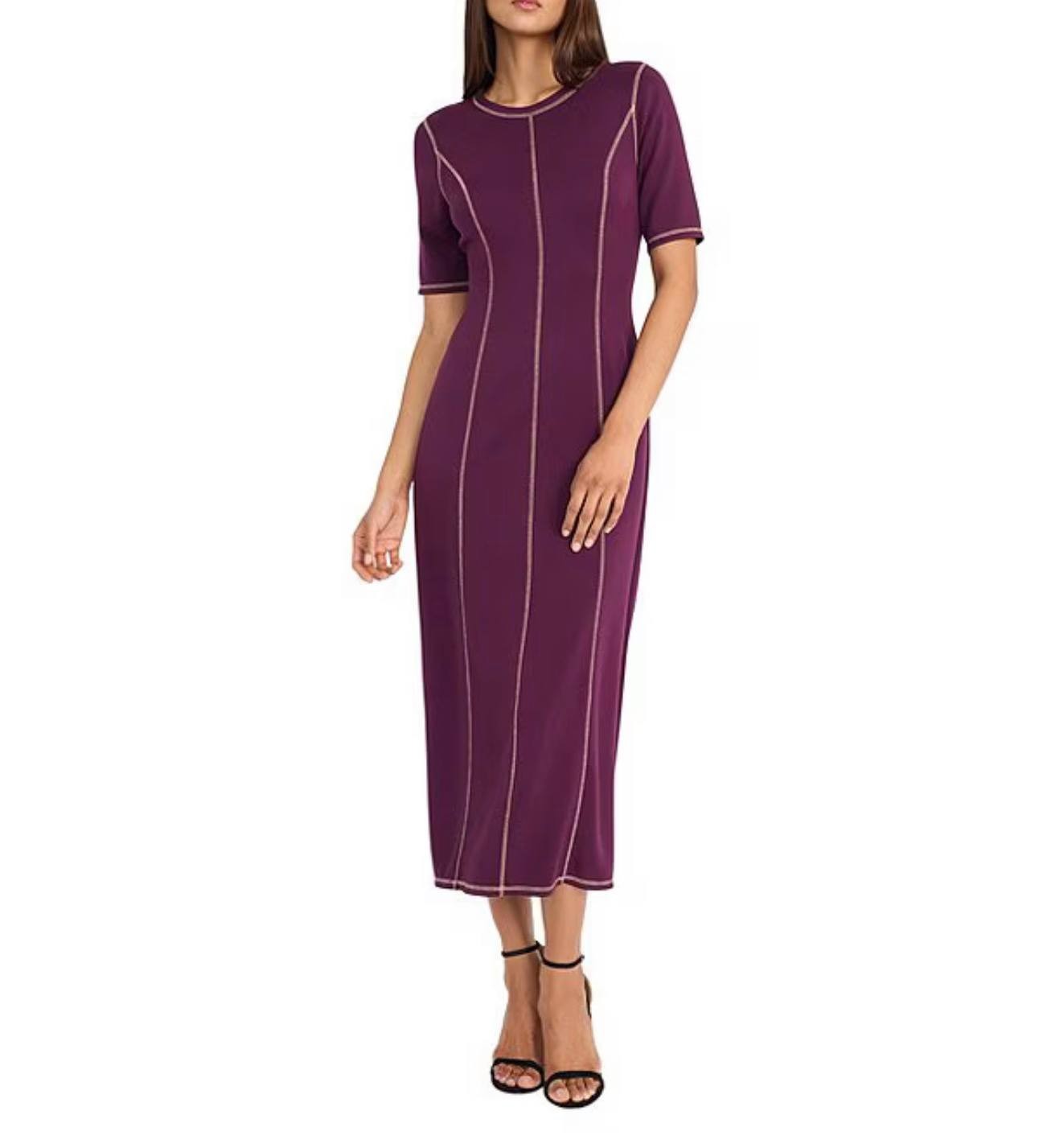 Donna Morgan Ash Ponte Short Sleeve Midi Dress Italian Plum NWT Size 16 MSRP128$