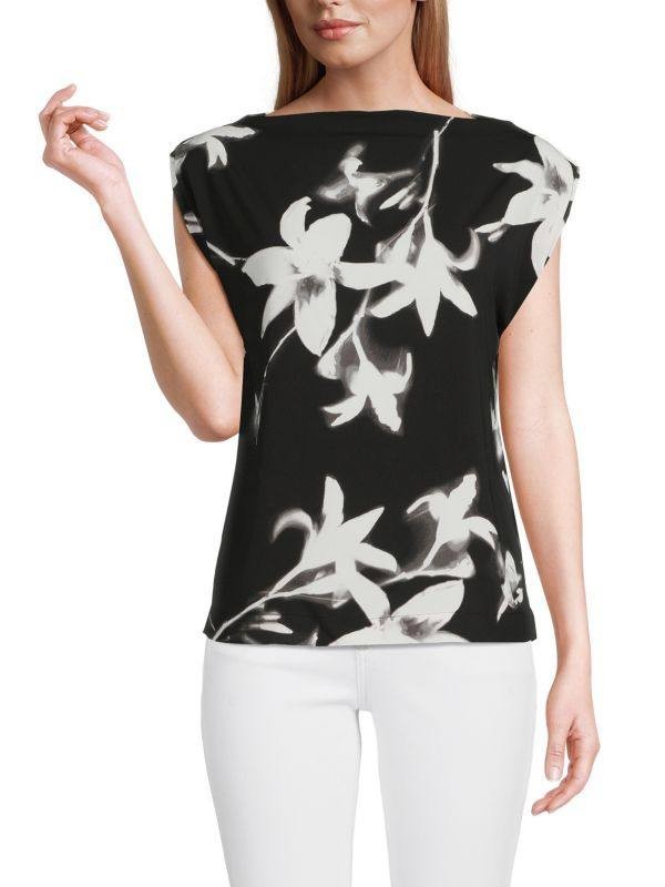 Calvin Klein Boatneck Top – Size M – NWT – Black Sleeveless Floral Texture