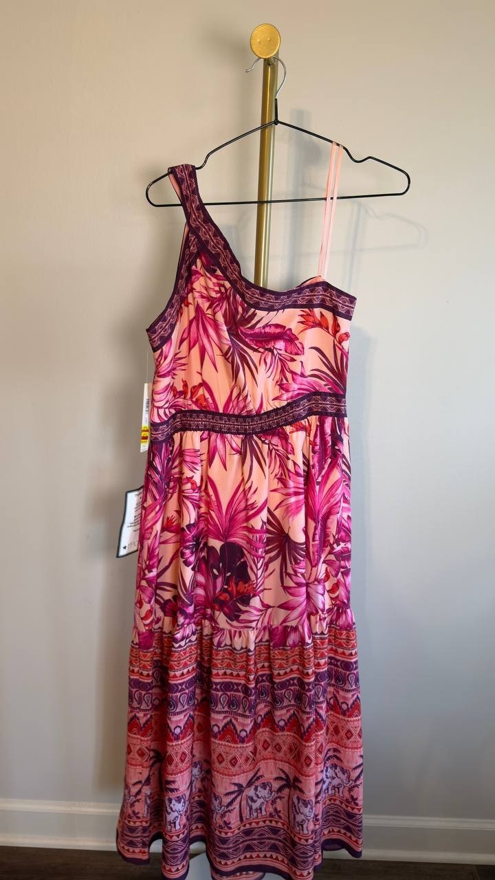 Eliza J Mixed‑Print One‑Shoulder Tiered Midi Dress Floral Multi 10 NWT $158