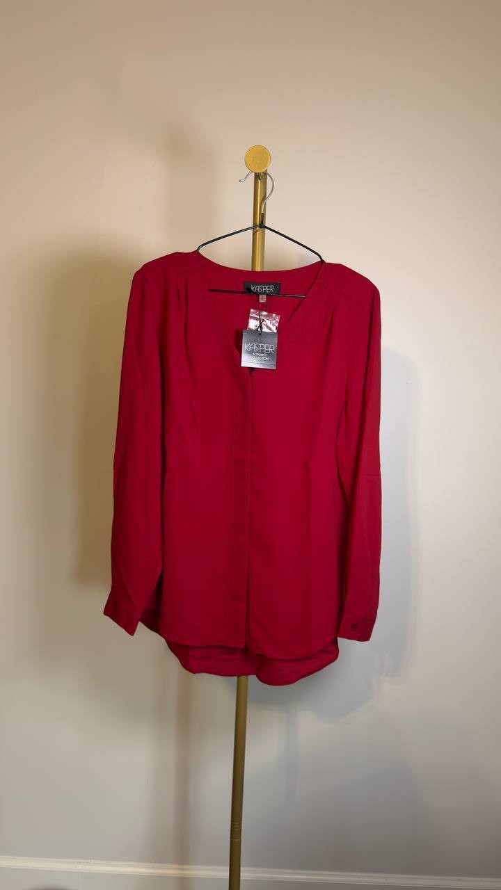 Kasper V‑Neck Blouse – Crimson – Long Sleeve - NWT - RED