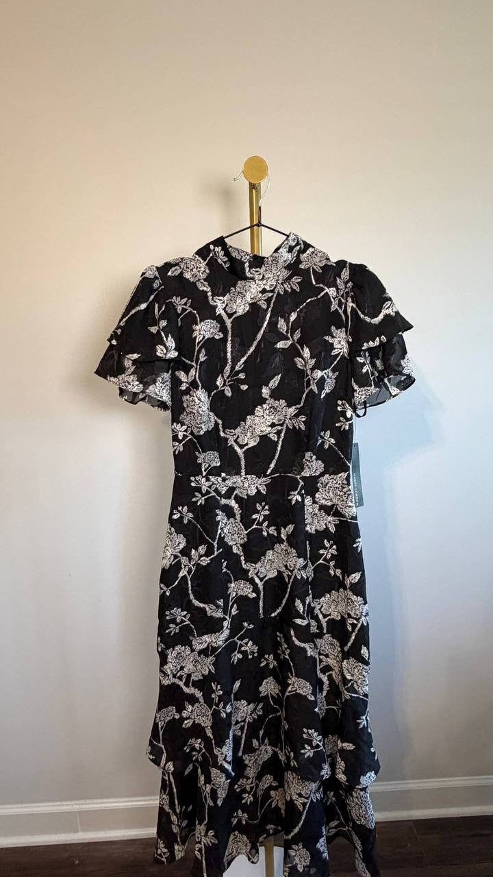 Maggy London Floral Jacquard Tiered Fit & Flare Dress White/Black 2 NWT $158