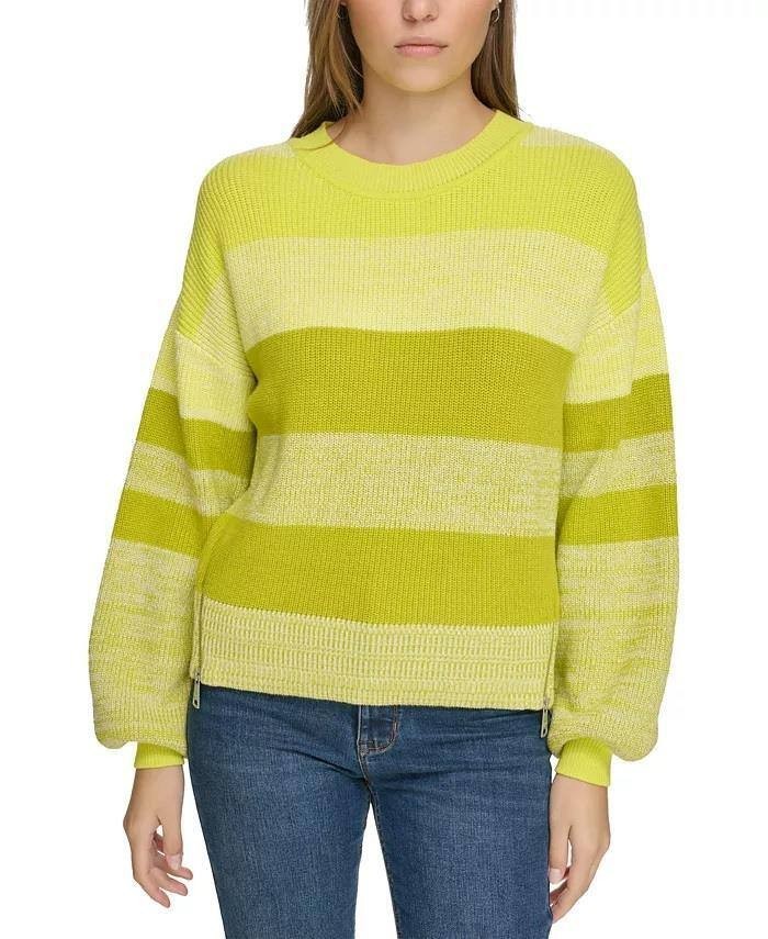 DKNY Sweater XL Yellow Green Stripe Cotton Nylon Ribbed Knit Pullover NWT