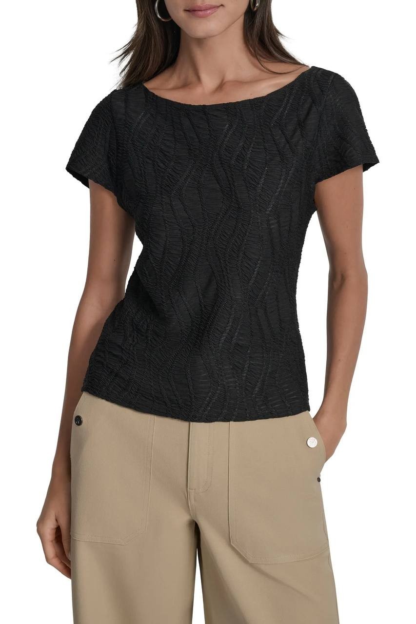 DKNY Texture Knit Top Boat Neck Short Sleeve Black M NWT $69