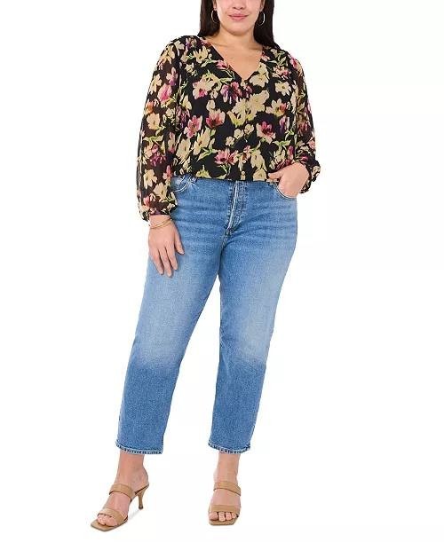Vince Camuto Plus Size Floral V‑Neck Blouse Black Multi 2X $89 NWT