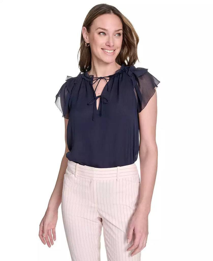 Tommy Hilfiger Split‑Neck Flutter‑Sleeve Blouse Midnight S $79 NWT