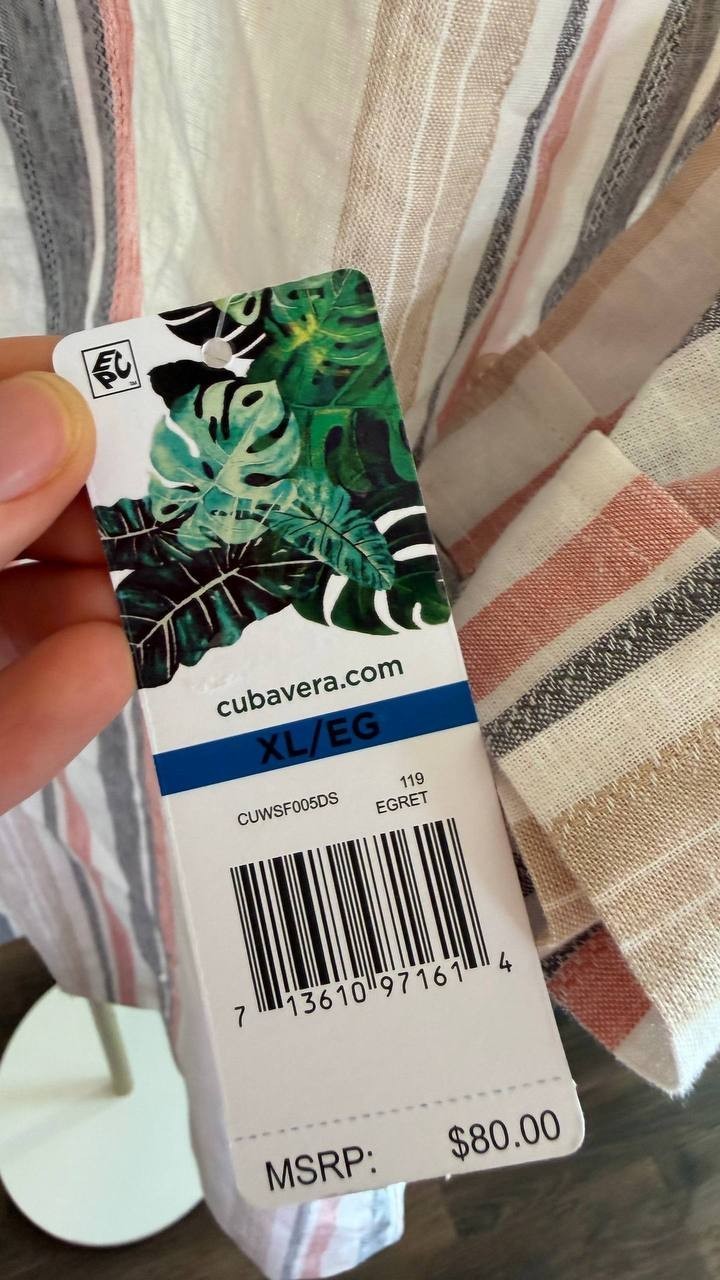 Cubavera Men’s Striped Panel Button‑Front Linen Camp Shirt Egret XL/EG $80 NWT