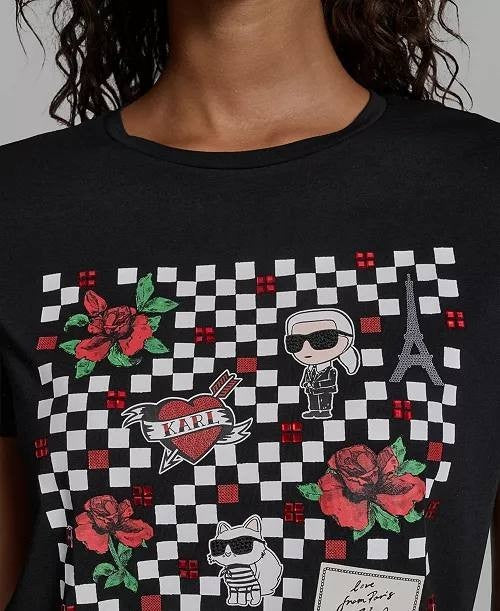 Karl Lagerfeld Paris Checkboard Logo Crewneck Motif Top M Black NWT $59