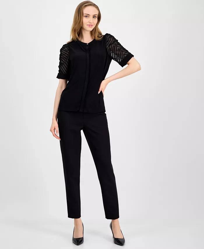 Anne Klein Mixed‑Media Elbow‑Sleeve Hidden‑Placket Top Black L NWT $89