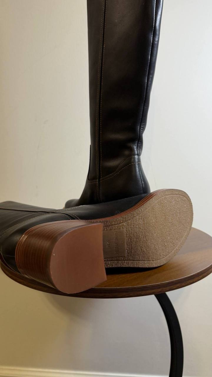 Nine West Hecee Boots 8.5M Black Leather Tall Round Toe Block Heel NIB msrp$269