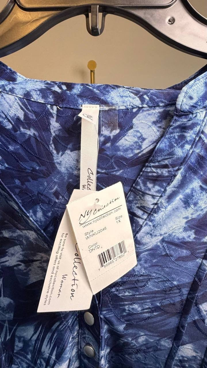 NY Collection Plus 3/4 Bell Sleeve Pleat Y‑Neck Top Blue Flower 1X NWT $35.99