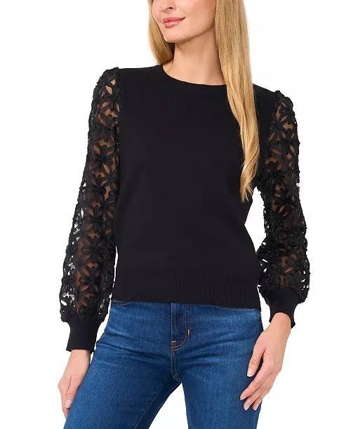CeCe 3D Floral Lace Mixed Media Sweater Black XL NWT $89