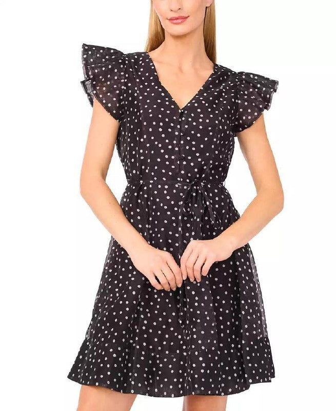 CeCe Polka‑Dot Tie‑Waist Flutter‑Sleeve Mini Dress – Black– Size L – NWOT –$119