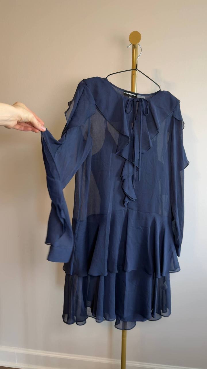 Karl Lagerfeld Paris Layered Ruffle Dress Navy 2 NWT $149