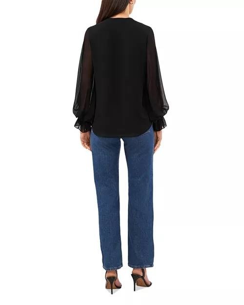 Vince Camuto V-Neck Sheer Sleeve Top Size S Black $79
