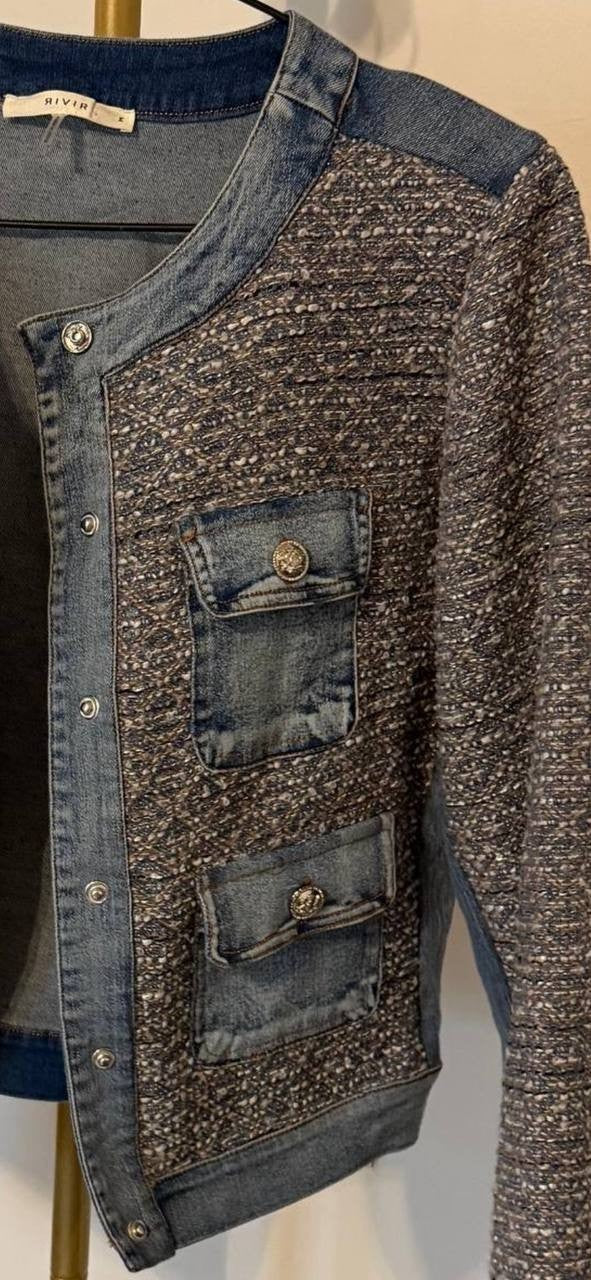 Rivir Tweed & Indigo Elegance Jacket M NWOT Missing Button Statement Piece